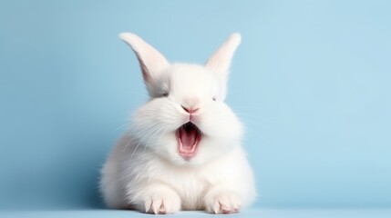 Fototapeta premium cute animal pet rabbit or bunny white color smiling and laughing isolated with copy space for easter background, rabbit, animal, pet, cute, fur, ear, mammal, background, celebration, generate by AI
