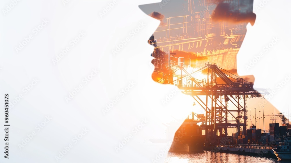 Wall mural Double exposure photography of engineer man and the business Logistics and transportation of Container Cargo ship and Cargo plane with working crane bridge