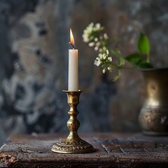 Intricate Brass Candle Holder on Antique Table   Cozy Ambiance and Elegant Decor Concept