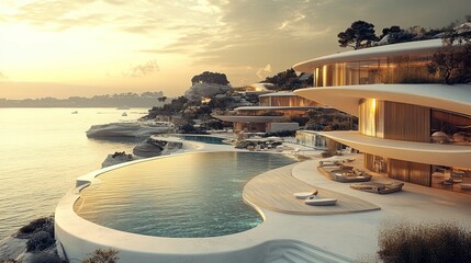Fototapeta premium Modern Cliffside Villa with Infinity Pool and Ocean View