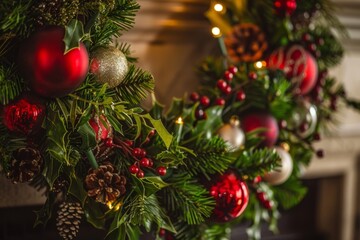 Fototapeta premium A cozy fireplace is adorned with a beautifully decorated circular garland featuring lush greenery, holly, and shiny baubles, creating a warm and inviting holiday atmosphere