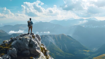 Triumphant Hiker Atop Majestic Mountain Peak Overlooking Panoramic Valley Landscape