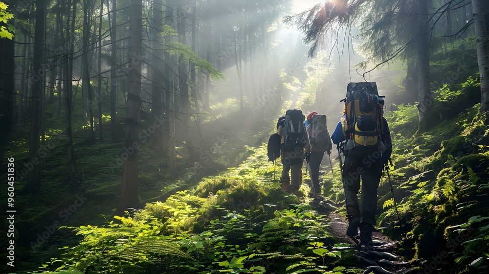 Poster hikers exploring misty forest trail with sunlight filtering through trees