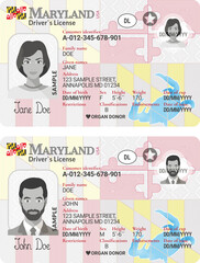 Vector template of toy driver license plastic card for USA Maryland, front side, for games only
