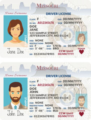 Vector template of toy driver license plastic card for USA Missouri, front side, for games only