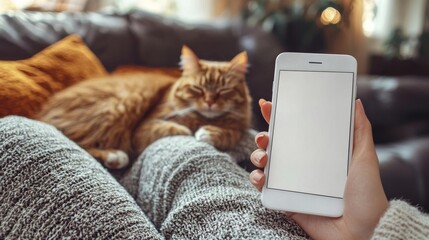 Hyber realistic photo of  Mockup image of a woman's hand holding white mobile phone with blank screen and a sleeping brown cat in background  , copy space for text,