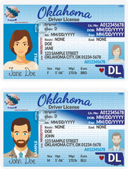 Vector template of toy driver license plastic card for USA Oklahoma, front side, for games only