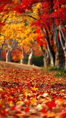 A vibrant autumn scene with colorful trees and fallen leaves along a serene path.