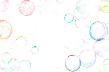 Dreamy multicolored bubbles, iridescent spheres, and translucent orbs floating in pastel hues with light refraction and delicate textures, isolated PNG on transparent background, bokeh abstract