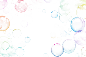 Dreamy multicolored bubbles, iridescent spheres, and translucent orbs floating in pastel hues with light refraction and delicate textures, isolated PNG on transparent background, bokeh abstract