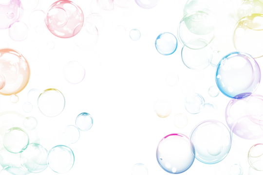 Dreamy multicolored bubbles, iridescent spheres, and translucent orbs floating in pastel hues with light refraction and delicate textures, isolated PNG on transparent background, bokeh abstract