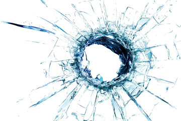 Broken glass with shattered window and bullet hole, radiating cracks, glass shards in shades of blue, monochrome, grungy texture, abstract art, isolated PNG on transparent background.






