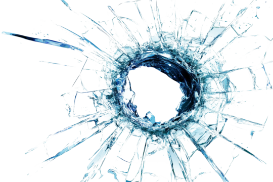 Broken glass with shattered window and bullet hole, radiating cracks, glass shards in shades of blue, monochrome, grungy texture, abstract art, isolated PNG on transparent background.






 - Powered by Adobe