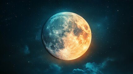 Obraz premium Captivating moon glows brightly in a starry night sky, surrounded by wispy clouds, evoking a sense of wonder and tranquility.