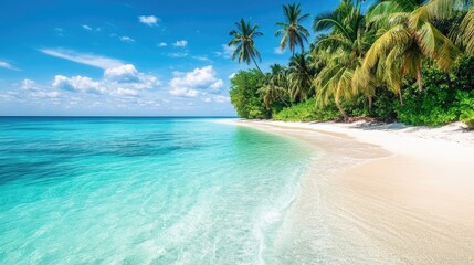 Fototapeta premium A tranquil beach with white sand and crystal-clear turquoise water, surrounded by palm trees.