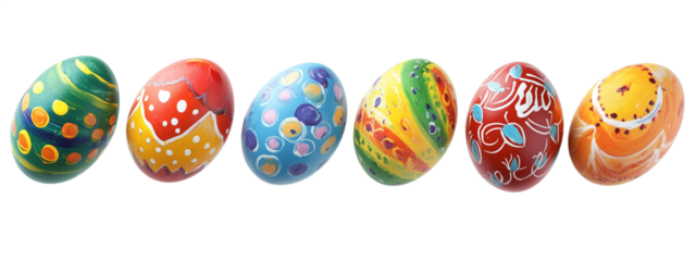 Delicate pastel watercolor Easter eggs decorated with floral patterns, ribbons, bird and animal drawings, colorful swirls and dots, isolated PNG on transparent background