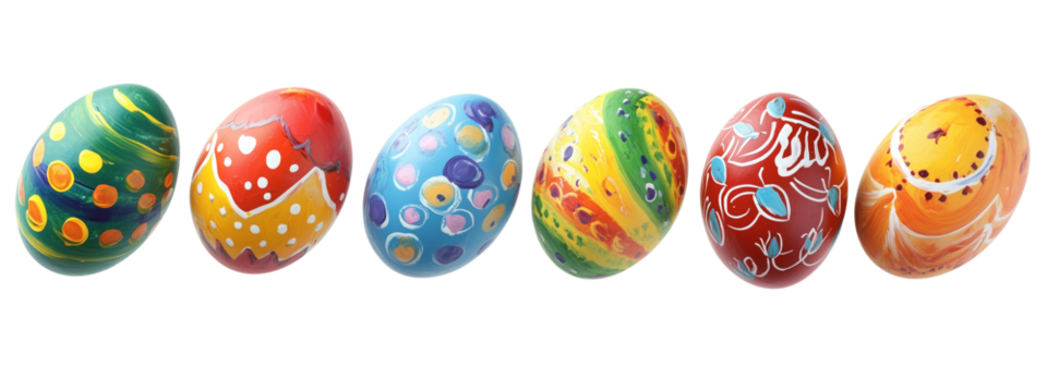 Delicate pastel watercolor Easter eggs decorated with floral patterns, ribbons, bird and animal drawings, colorful swirls and dots, isolated PNG on transparent background
