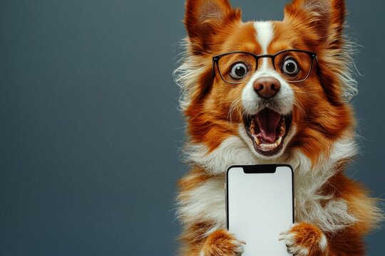 Hyber realistic photo of  Shocked haski dog in glasses holding smart phone mockup white screen over blue background. ai generative  , copy space for text,