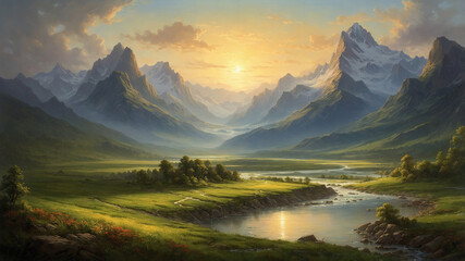 Fototapeta premium Sunset over a serene valley with a river and majestic mountains in the background, peace and beauty.