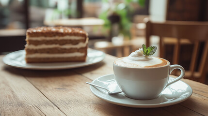Fototapeta premium cup of coffee and plate of cake in a restaurant