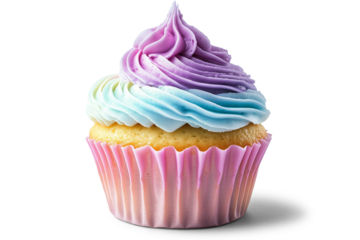 A vibrant pastel swirled cupcake with purple, blue, and pink frosting, hyper-detailed and realistic texture, mouth-watering and delicious, isolated on a transparent background in PNG format.