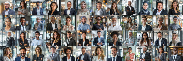 A mosaic collage showcases successful male and female businessmen of diverse ethnicities and ages, smiling confidently at the camera, representing a multicultural corporate team