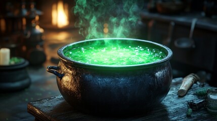A mystical cauldron bubbling with vibrant green liquid, surrounded by a magical atmosphere, ideal for fantasy-themed designs.