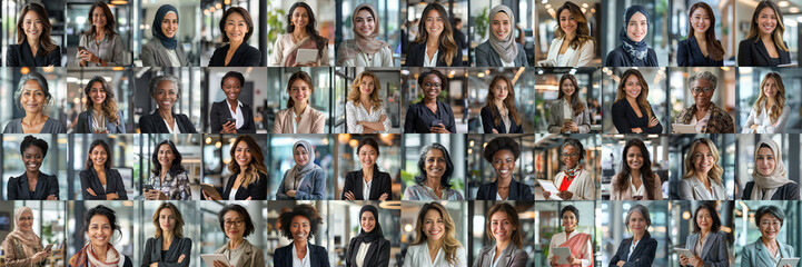 A mosaic collage showcases successful female businesswomen of diverse ethnicities and ages, smiling confidently at the camera, representing a multicultural corporate team