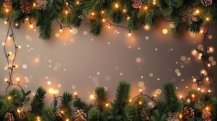 Seamless decorative christmas border with coniferous branches and garlands of christmas lights on transparent background