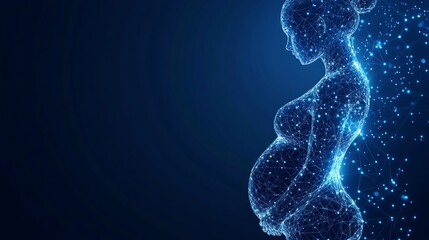 Closeup of an abstract pregnant woman with embryo in her maw side view. Isolated pregnancy medical concept on white. Vector low poly wireframe illustrations with connected dots, and triangle shapes