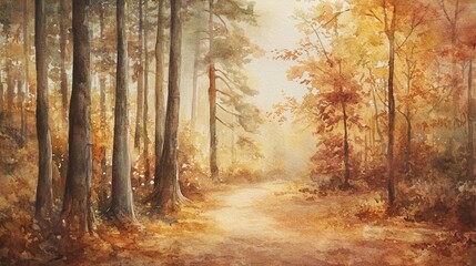 A serene autumn forest path, with warm golden hues and tall trees, inviting tranquility and natural beauty.