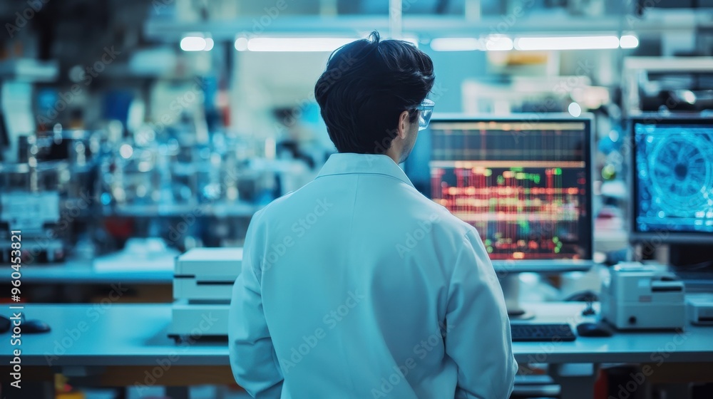 Poster analyzing data in a high-tech laboratory