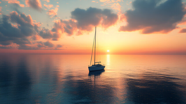 barco yate o velero embarcado en medio del mar en el oceano navegando por el agua en alta mar disfrutando de la calma y tranquilidad del mar en la puesta del sol relajacion y diversion deporte