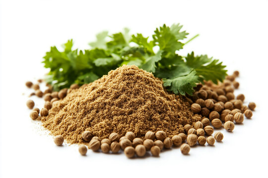 Powdered cumin with seeds on a white background