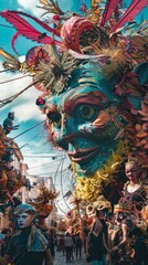 Fototapeta premium The parade showcases a spectacular display of creativity with giant puppet floats and participants in detailed, extravagant costumes, entertaining the lively, joyous crowd, unusualness explosion