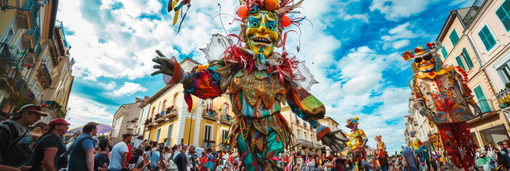 Participants in imaginative, extravagant costumes lead the parade, accompanied by giant puppet floats, making it a vibrant and festive outdoor celebration full of energy, unusualness explosion, banner