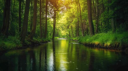 A tranquil river flowing through a dense forest with tall trees lining the banks.