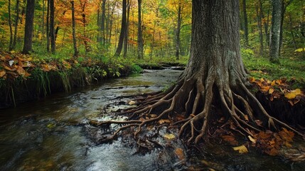 Obraz premium Autumn Forest Stream with Tree Roots