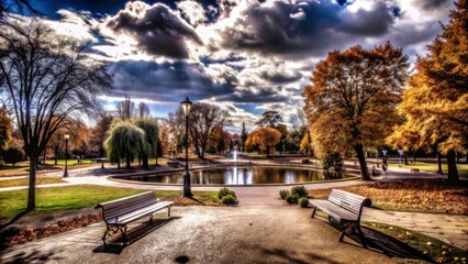 Obraz premium Beautiful fall day in the park with golden leaves, benches, and a fountain pond beneath dramatic cloud formations.