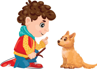 Fototapeta premium Cartoon little boy kneeling and holding a stick, training a cute puppy dog sitting and waiting for a command