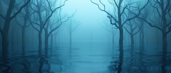 Obraz premium Enigmatic Misty Swamp: Spooky ing of Twisted Trees and Reflective Waters
