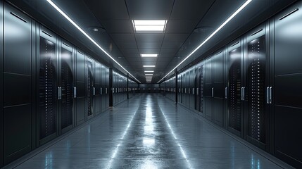 Fototapeta premium Server room data center. Backup, mining, hosting, mainframe, farm and computer rack with storage information. 3d render