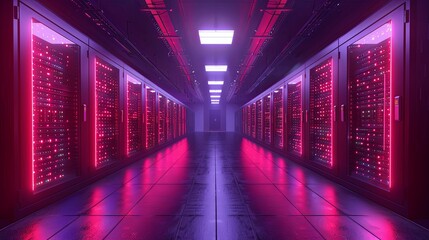 Fototapeta premium Server room data center. Backup, mining, hosting, mainframe, farm and computer rack with storage information. 3d render