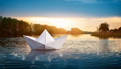 Obraz premium A paper boat on the body of water, origami art