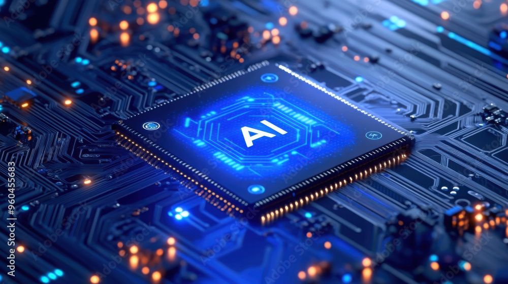 Poster 3d illustration of the chip with holographic text 