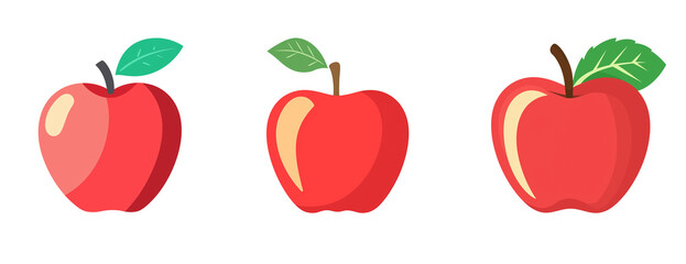 Simple red apple illustrations with clean lines, green leaf stems, cartoonish style, flat colors, one partly shaded, isolated PNG on transparent background