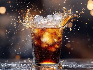 Refreshing Soda Splashing with Ice Cubes in Glass
