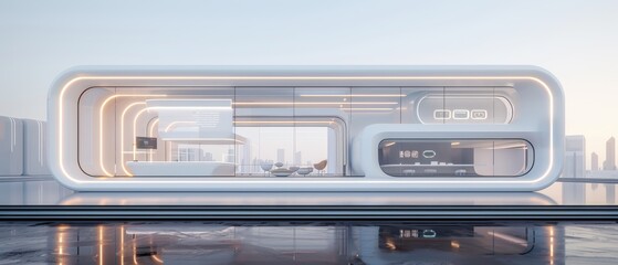 Obraz premium The Future Workspace: High-Tech Office Building with Cutting-Edge Design and Digital Innovation, Realistic Visualization