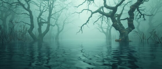 Obraz premium Enigmatic Swamp: Eerie Environment with Fog, Gnarled Trees, and Mysterious Sounds