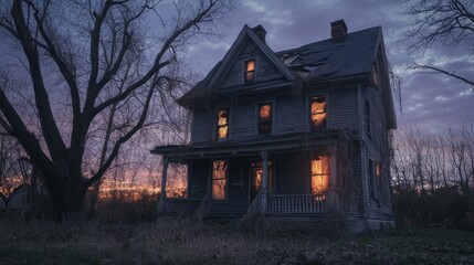 Obraz premium Haunting Mysteries of the Abandoned Farmhouse at Dusk